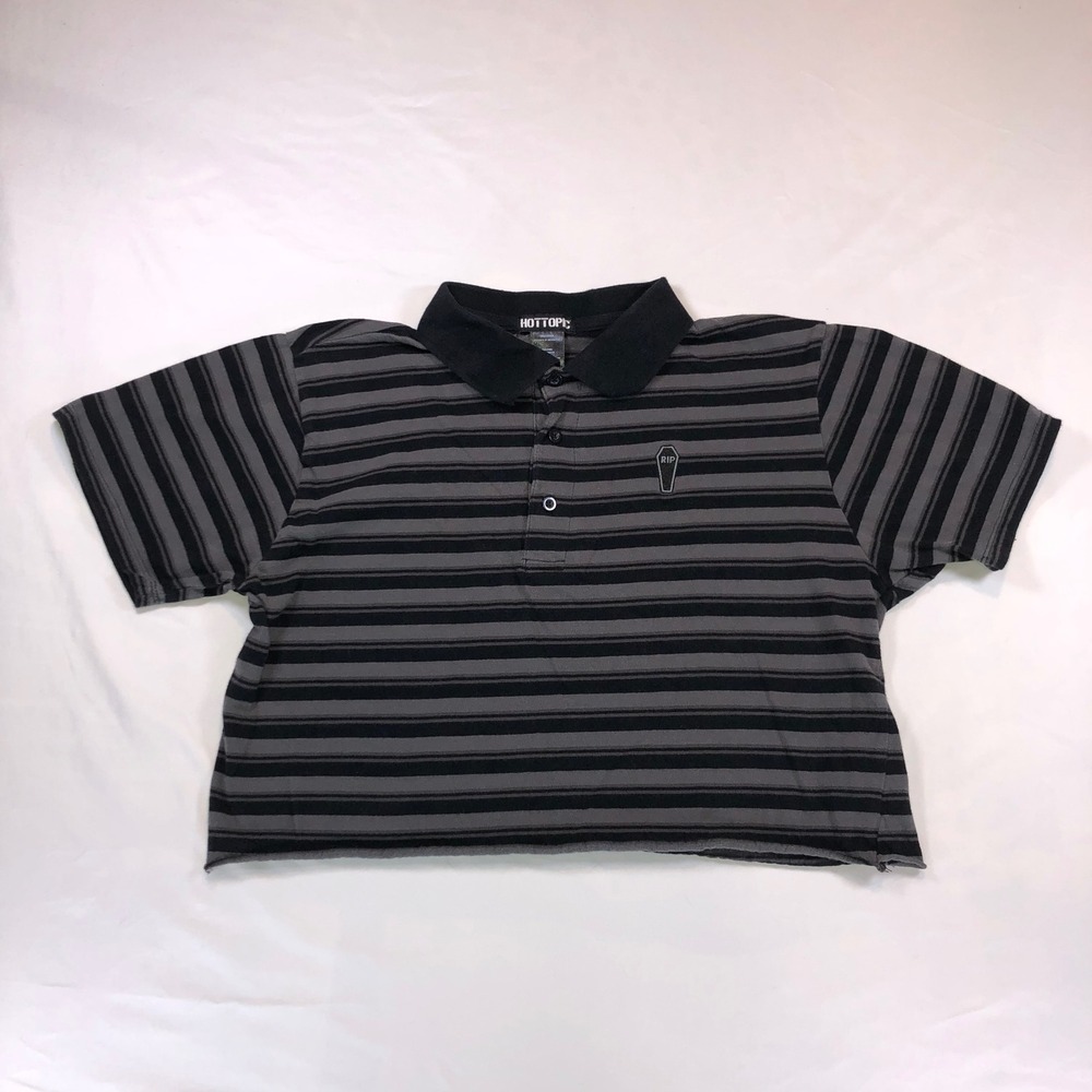 Hot Topic Women Grey Black Striped Coffin RIP Cropped Polo Shirt Small 12863735